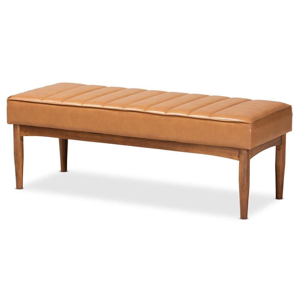 Daymond Mid-Century Modern Tan Faux Leather Upholstered and Walnut Brown Finished Wood Dining Bench FredCo