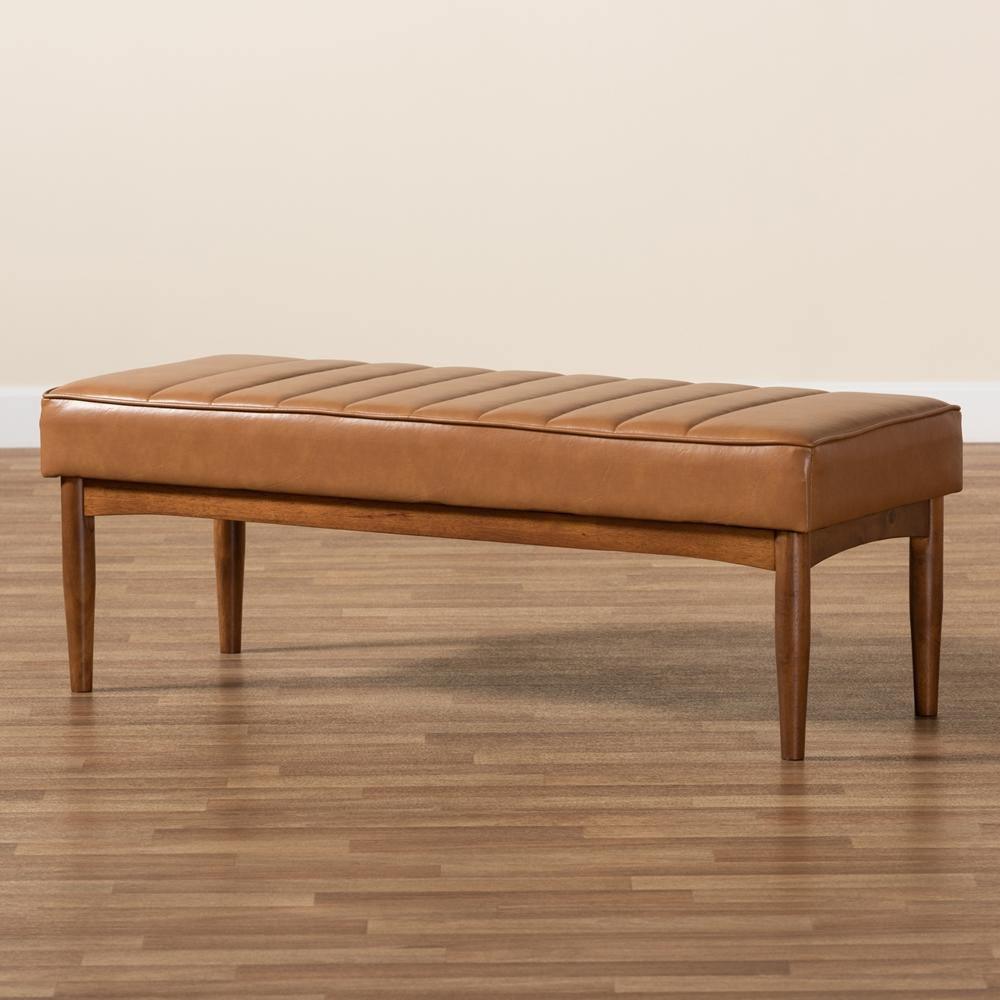 Daymond Mid-Century Modern Tan Faux Leather Upholstered and Walnut Brown Finished Wood Dining Bench FredCo