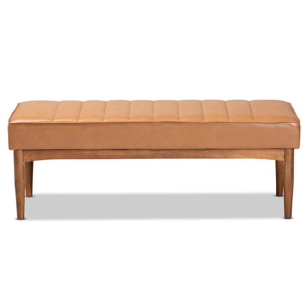 Daymond Mid-Century Modern Tan Faux Leather Upholstered and Walnut Brown Finished Wood Dining Bench FredCo