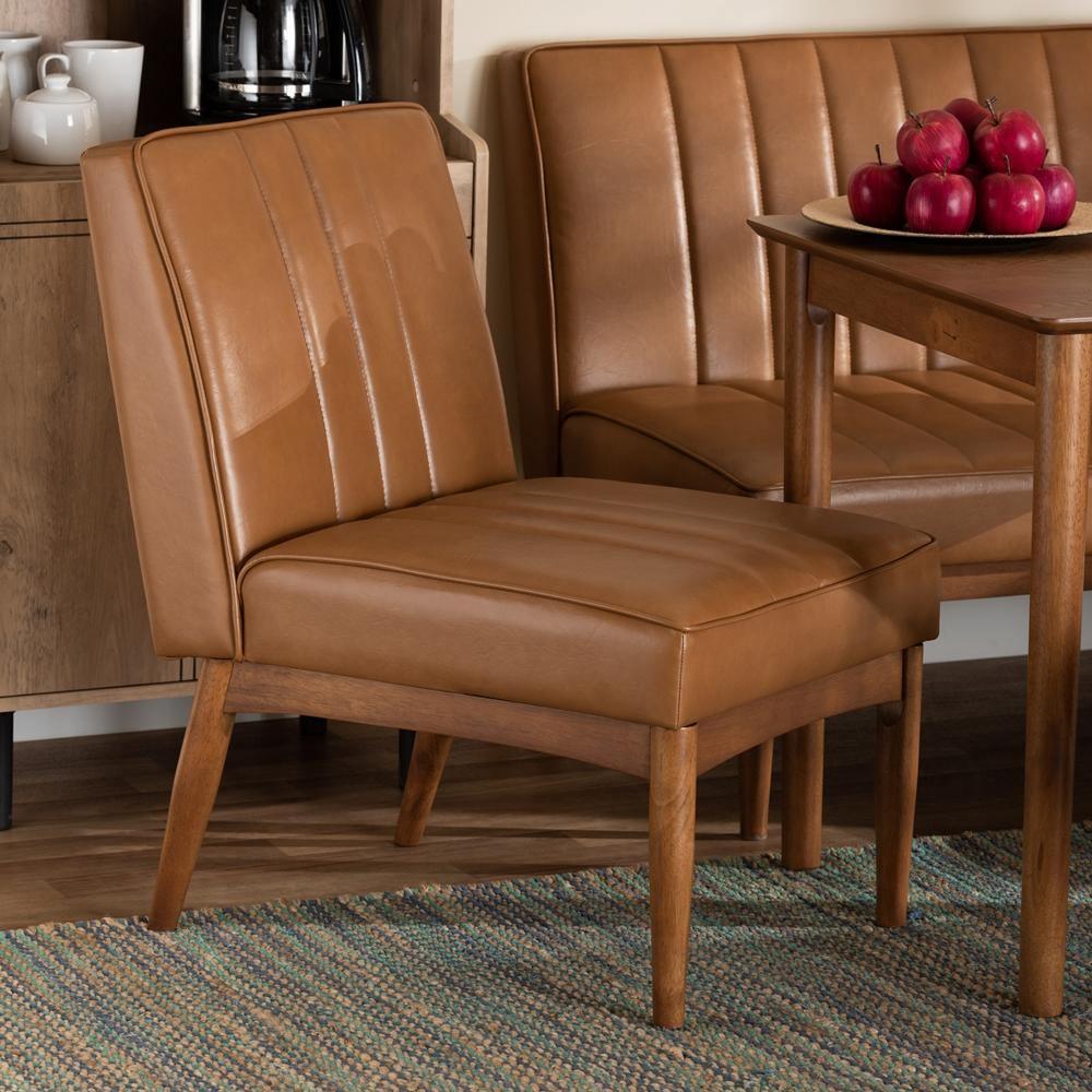 Daymond Mid-Century Modern Tan Faux Leather Upholstered and Walnut Brown Finished Wood Dining Chair FredCo