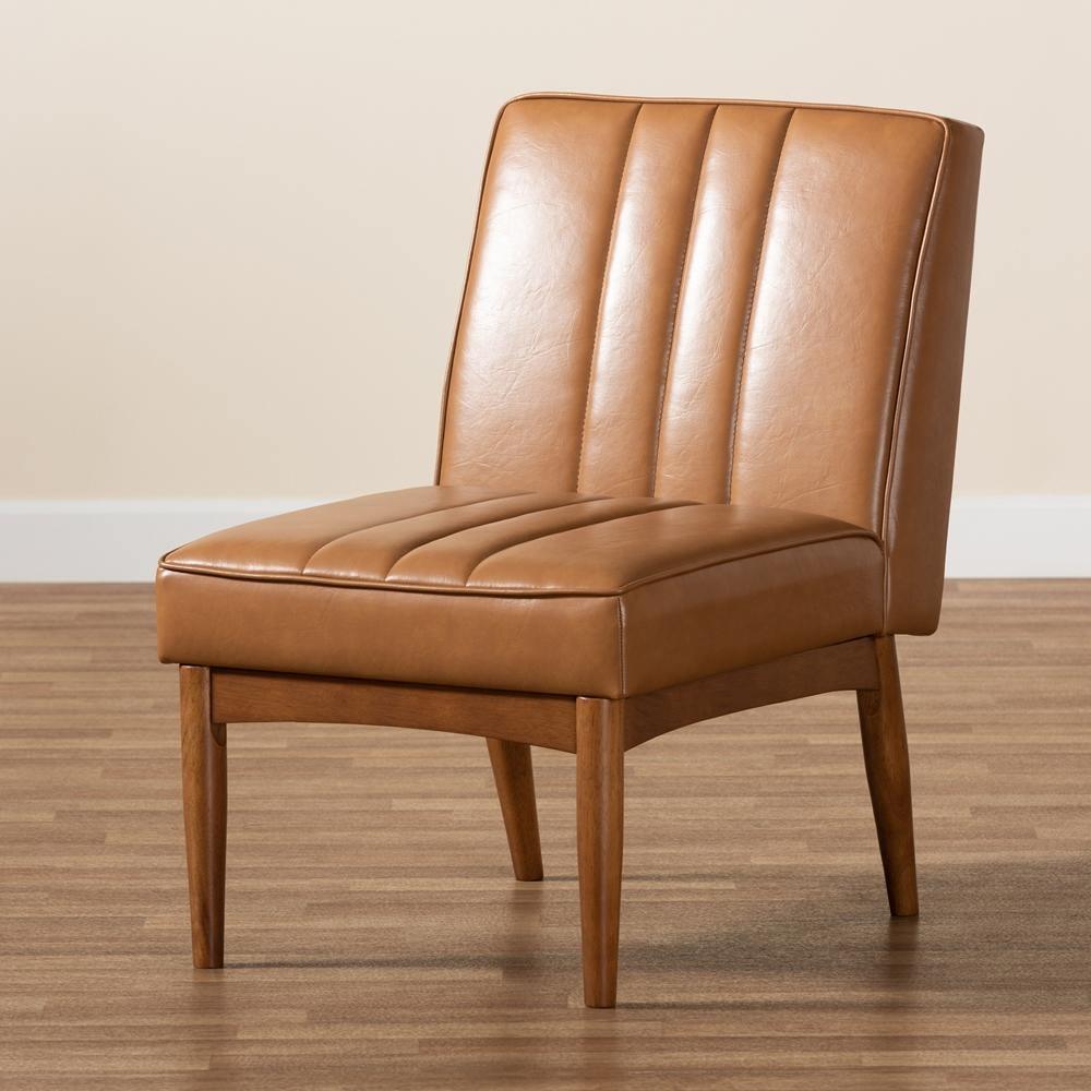 Daymond Mid-Century Modern Tan Faux Leather Upholstered and Walnut Brown Finished Wood Dining Chair FredCo