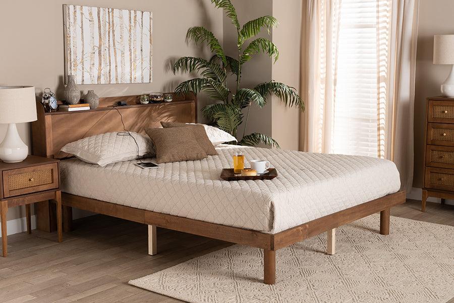 Decker Mid-Century Modern Transitional Walnut Brown Finished Wood Queen Size Platform Bed with Charging Station FredCo