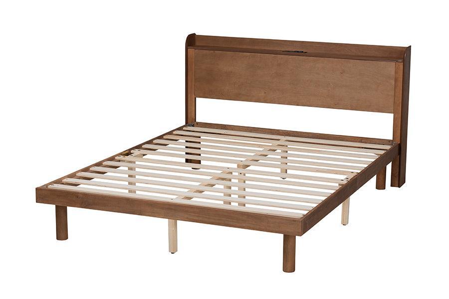 Decker Mid-Century Modern Transitional Walnut Brown Finished Wood Queen Size Platform Bed with Charging Station FredCo