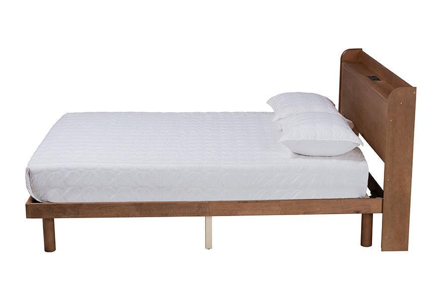 Decker Mid-Century Modern Transitional Walnut Brown Finished Wood Queen Size Platform Bed with Charging Station FredCo