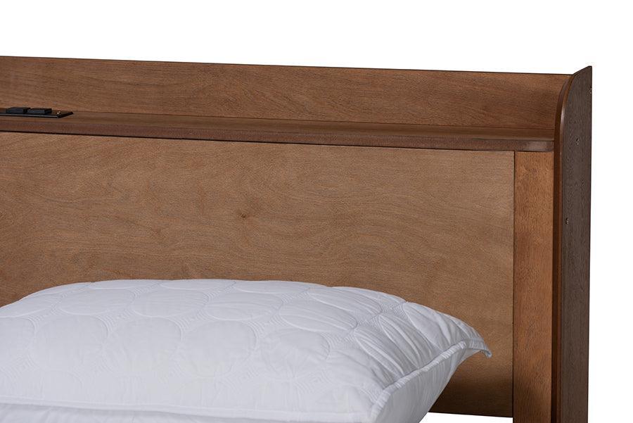 Decker Mid-Century Modern Transitional Walnut Brown Finished Wood Queen Size Platform Bed with Charging Station FredCo