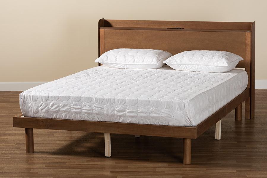 Decker Mid-Century Modern Transitional Walnut Brown Finished Wood Queen Size Platform Bed with Charging Station FredCo