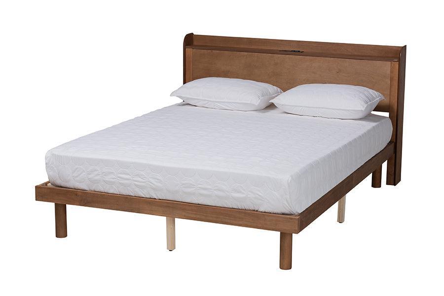 Decker Mid-Century Modern Transitional Walnut Brown Finished Wood Queen Size Platform Bed with Charging Station FredCo