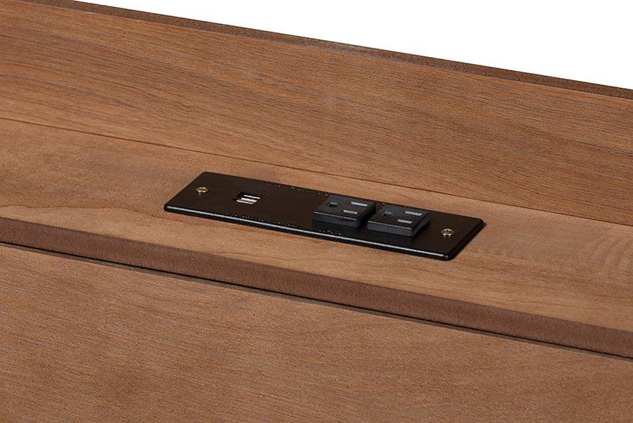 Decker Mid-Century Modern Transitional Walnut Brown Finished Wood Queen Size Platform Bed with Charging Station FredCo