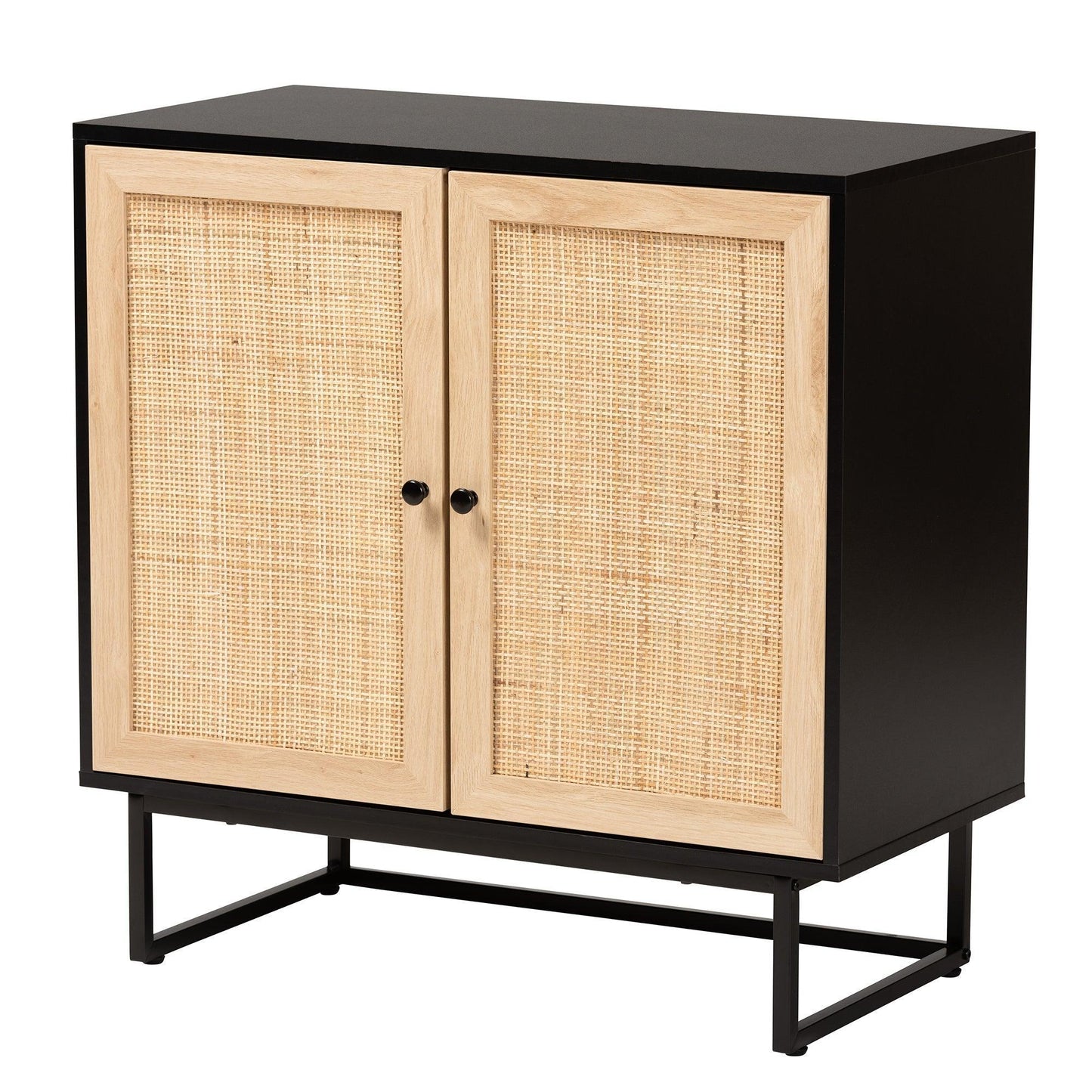 Declan Mid-Century Modern Espresso Brown Finished Wood and Natural Rattan 2-Door Storage Cabinet FredCo