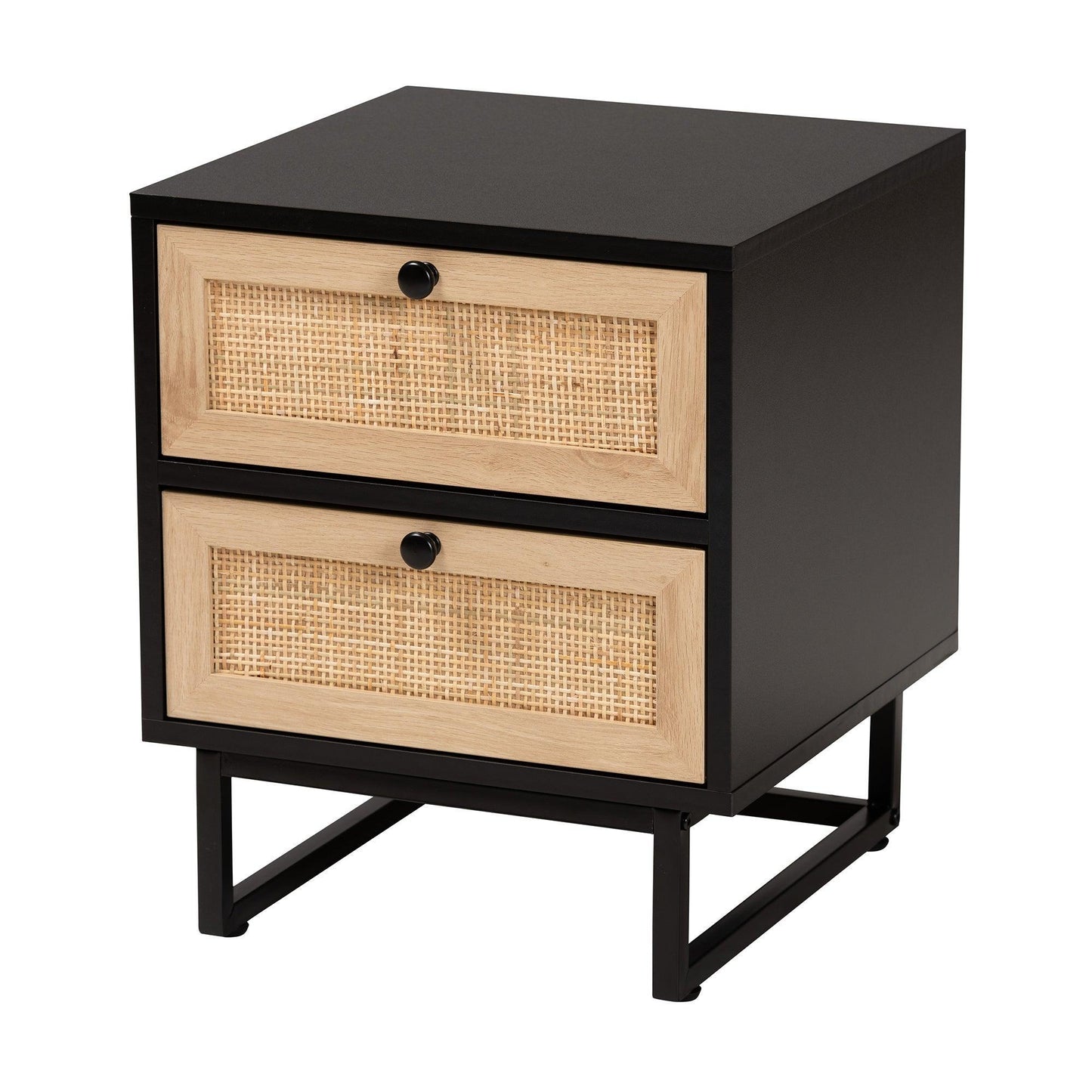 Declan Mid-Century Modern Espresso Brown Finished Wood and Natural Rattan 2-Drawer Nightstand FredCo