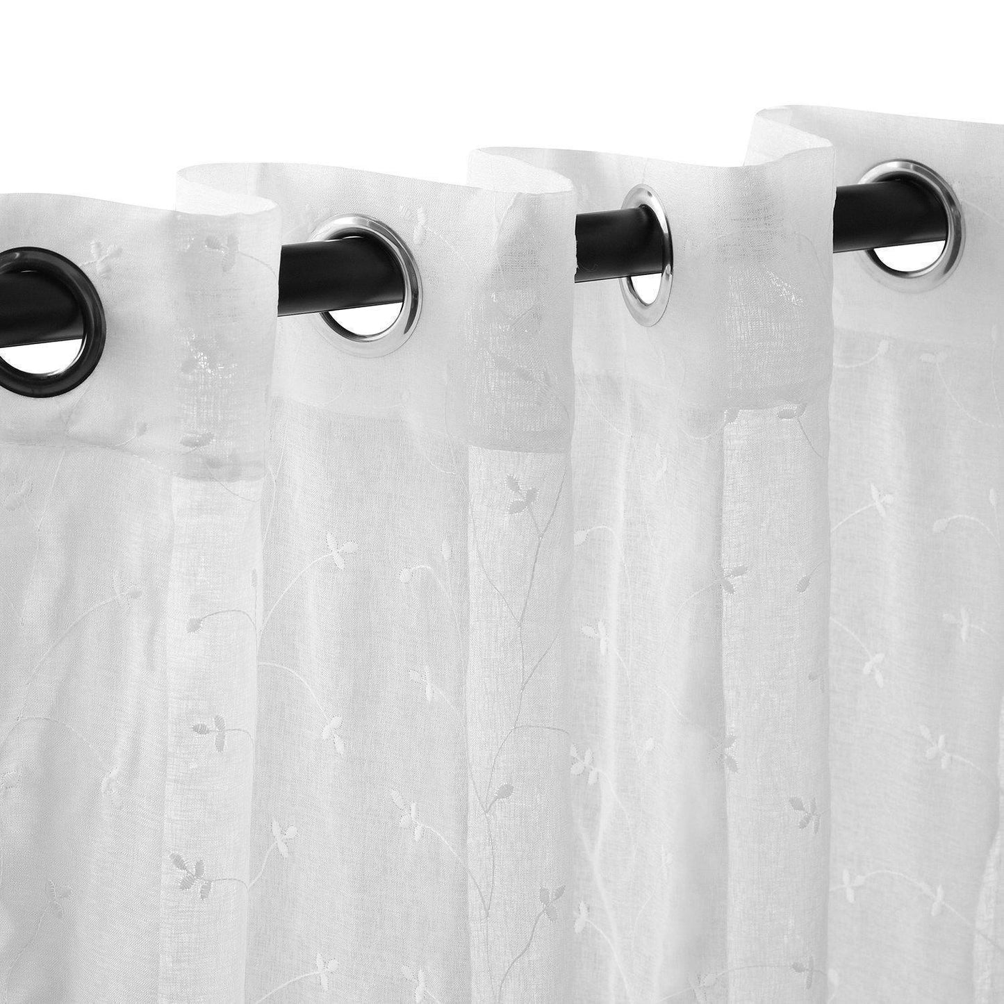 Delicate Flower Embroidered Sheer Grommet Panel 2-Piece Curtain Set FredCo