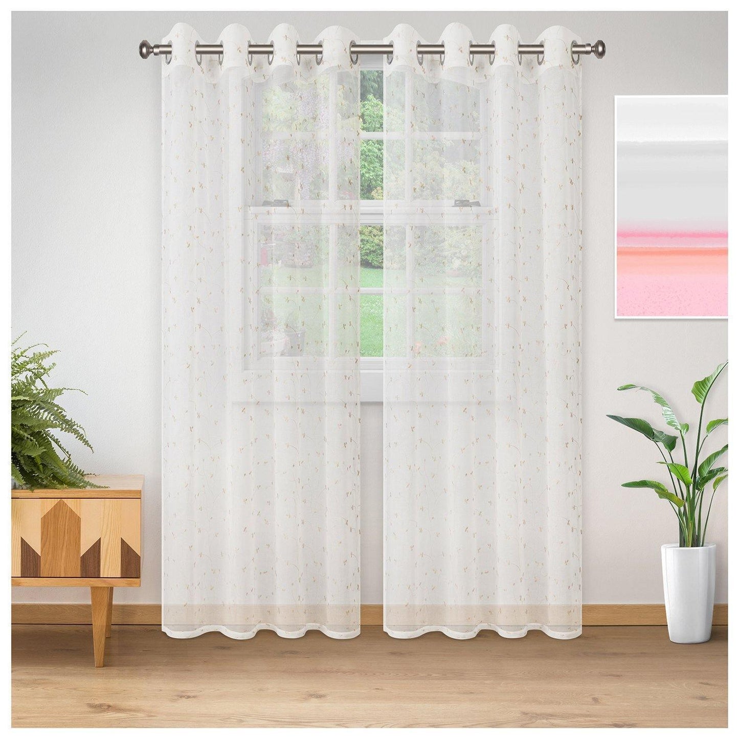 Delicate Flower Embroidered Sheer Grommet Panel 2-Piece Curtain Set FredCo