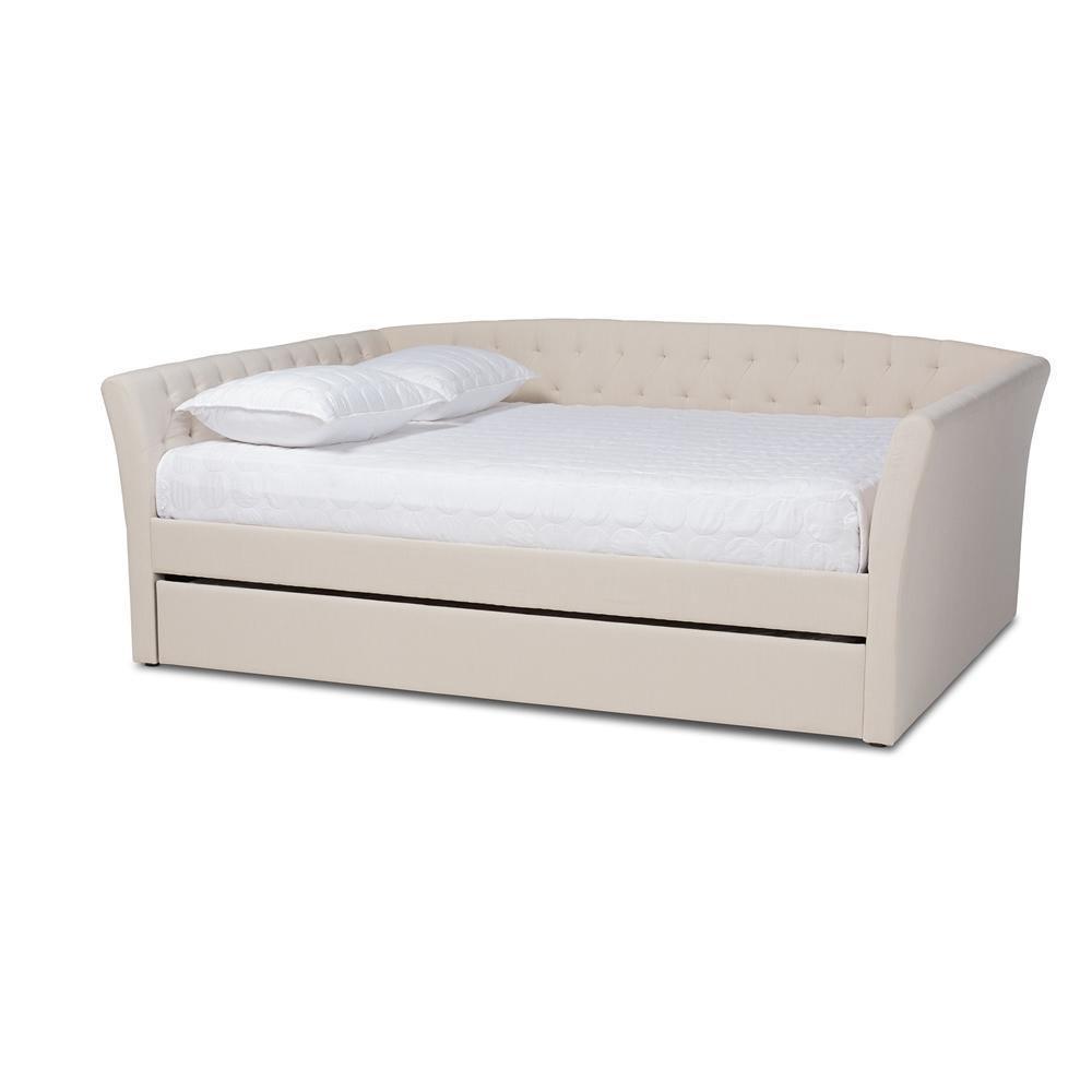 Delora Modern and Contemporary Beige Fabric Upholstered Full Size Daybed with Roll-Out Trundle Bed FredCo