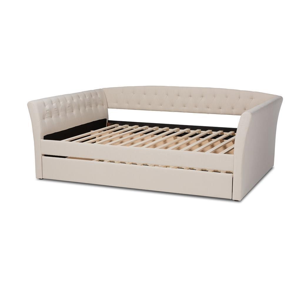 Delora Modern and Contemporary Beige Fabric Upholstered Full Size Daybed with Roll-Out Trundle Bed FredCo