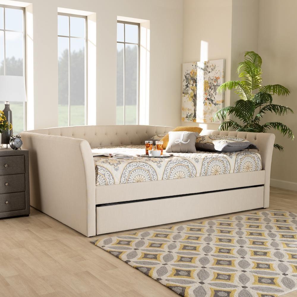 Delora Modern and Contemporary Beige Fabric Upholstered Full Size Daybed with Roll-Out Trundle Bed FredCo