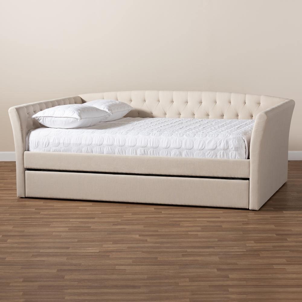 Delora Modern and Contemporary Beige Fabric Upholstered Full Size Daybed with Roll-Out Trundle Bed FredCo