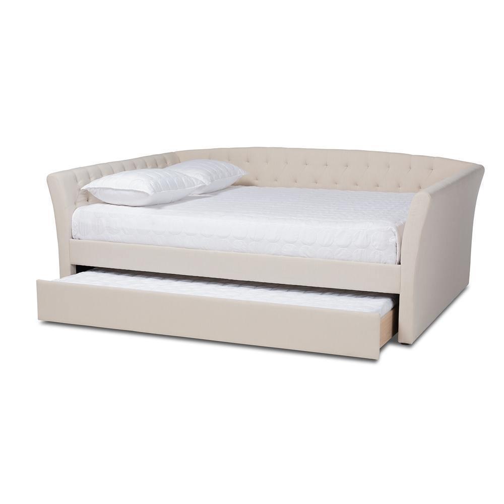 Delora Modern and Contemporary Beige Fabric Upholstered Full Size Daybed with Roll-Out Trundle Bed FredCo