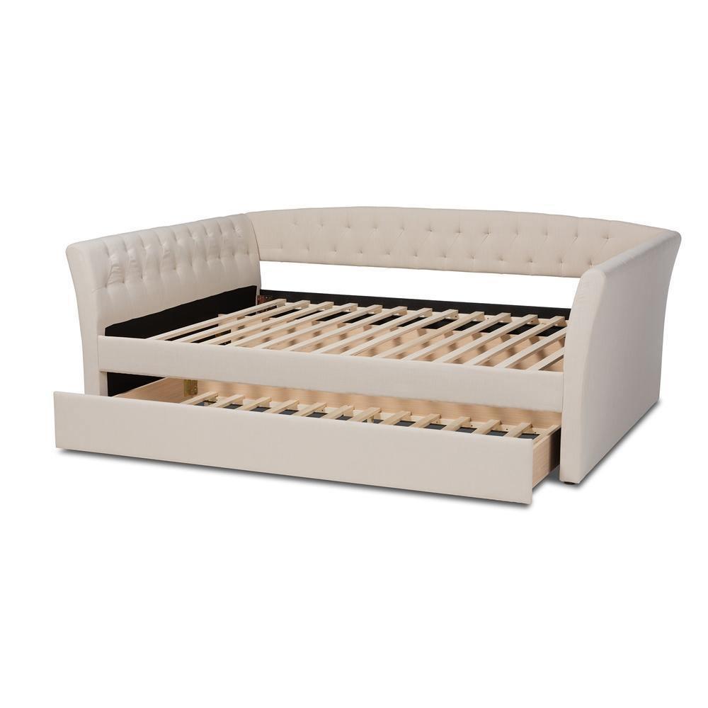 Delora Modern and Contemporary Beige Fabric Upholstered Full Size Daybed with Roll-Out Trundle Bed FredCo