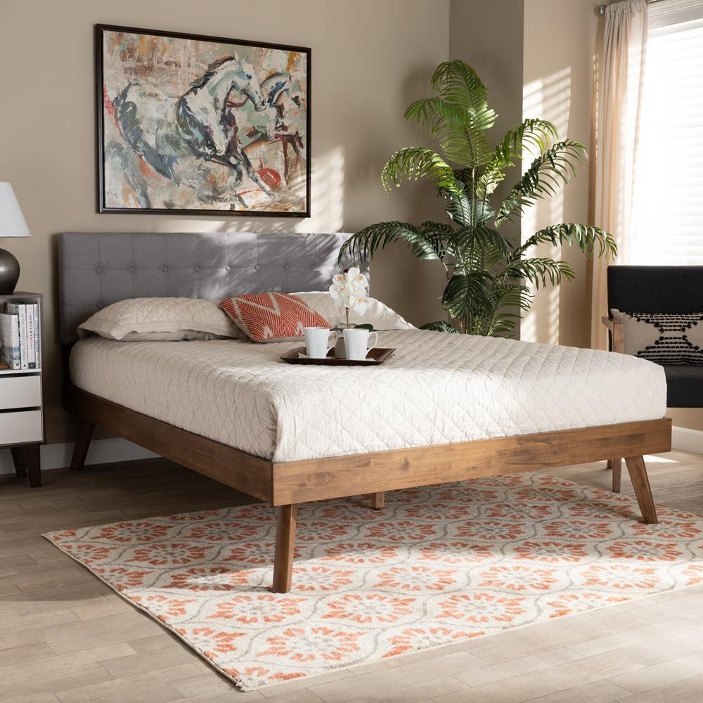 Devan Mid-Century Modern Light Grey Fabric Upholstered Walnut Brown Finished Wood Queen Size Platform Bed FredCo