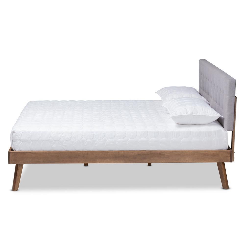 Devan Mid-Century Modern Light Grey Fabric Upholstered Walnut Brown Finished Wood Queen Size Platform Bed FredCo