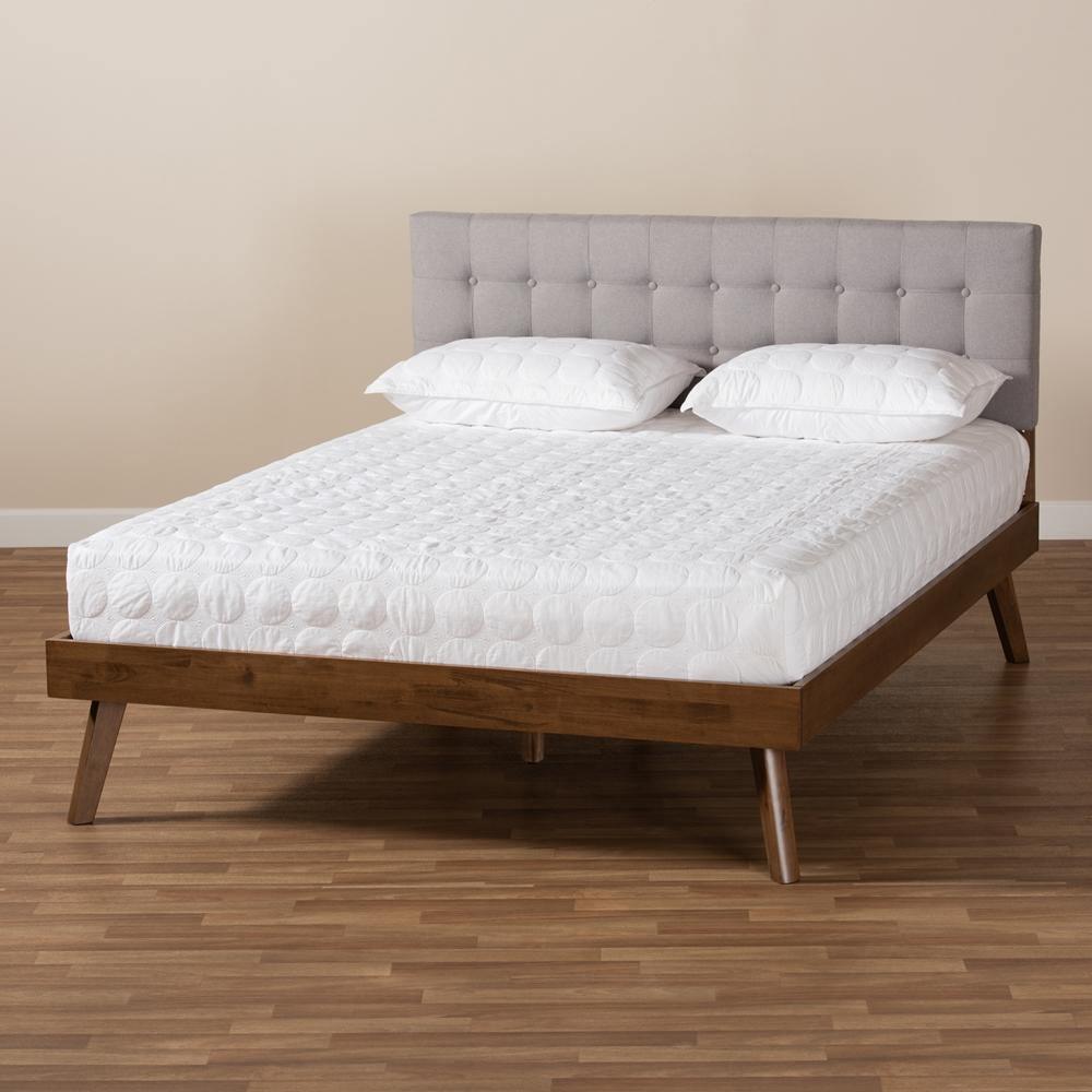 Devan Mid-Century Modern Light Grey Fabric Upholstered Walnut Brown Finished Wood Queen Size Platform Bed FredCo
