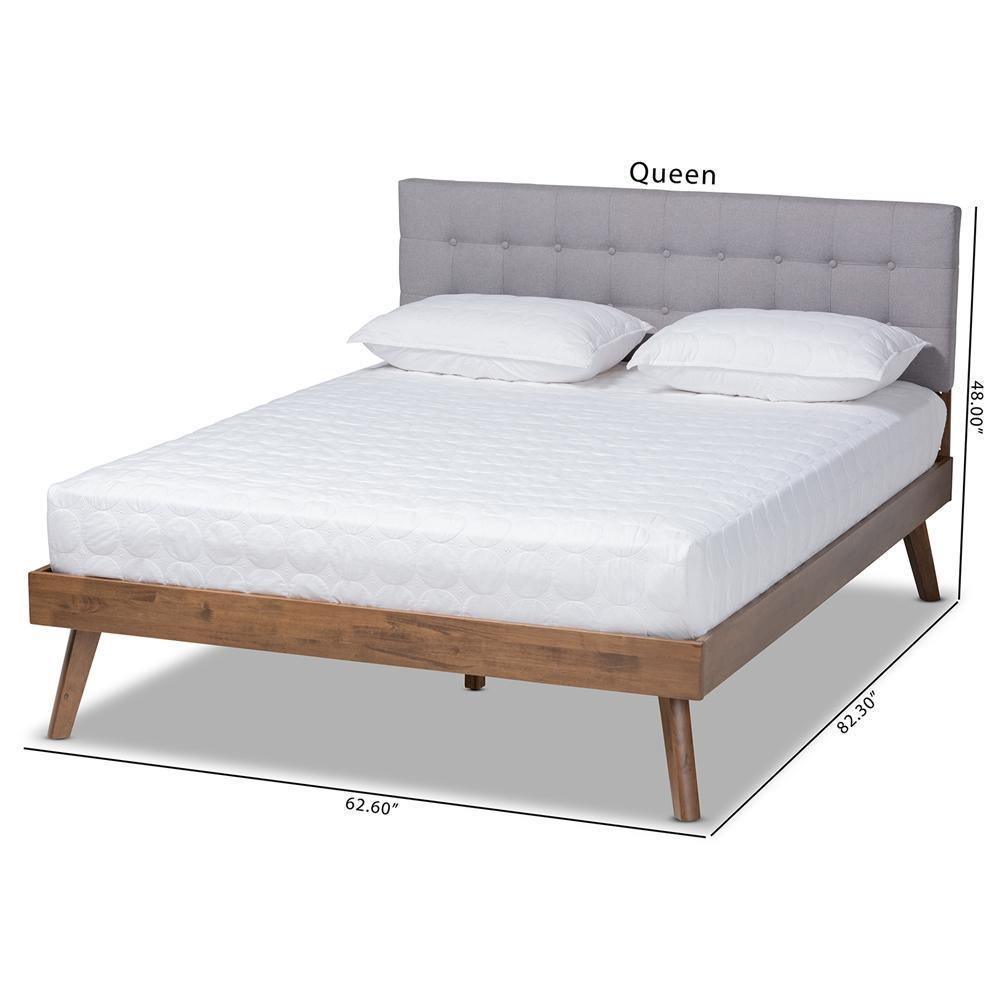 Devan Mid-Century Modern Light Grey Fabric Upholstered Walnut Brown Finished Wood Queen Size Platform Bed FredCo