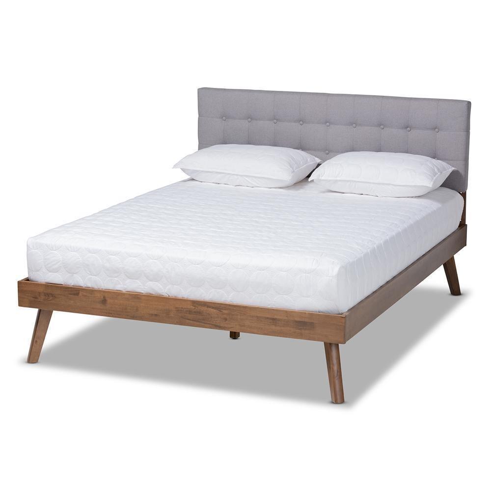 Devan Mid-Century Modern Light Grey Fabric Upholstered Walnut Brown Finished Wood Queen Size Platform Bed FredCo