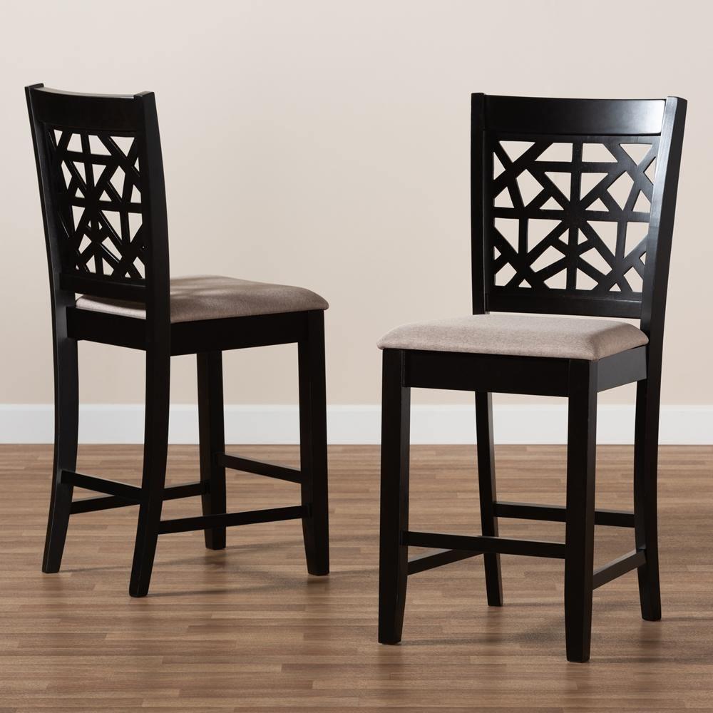 Devon Modern and Contemporary Sand Fabric Upholstered and Espresso Brown Finished Wood 2-Piece Counter Height Pub Chair Set FredCo
