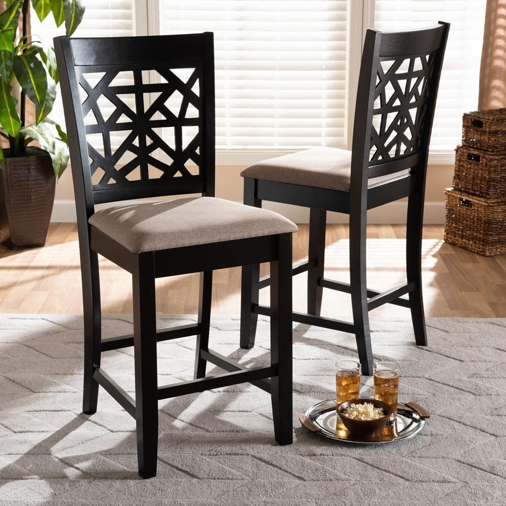 Devon Modern and Contemporary Sand Fabric Upholstered and Espresso Brown Finished Wood 2-Piece Counter Height Pub Chair Set FredCo