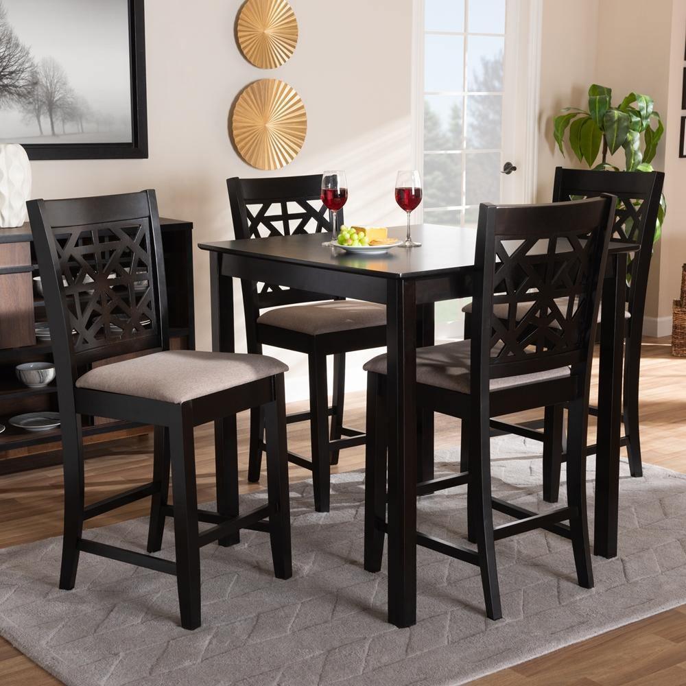 Devon Modern and Contemporary Sand Fabric Upholstered and Espresso Brown Finished Wood 5-Piece Pub Dining Set FredCo