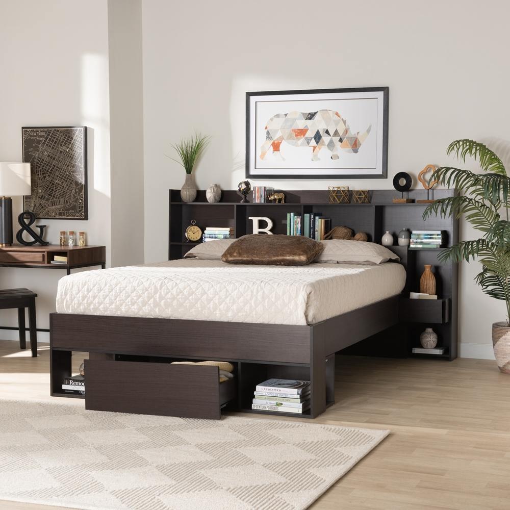 Dexton Modern and Contemporary Dark Brown Finished Wood Queen Size Platform Storage Bed FredCo