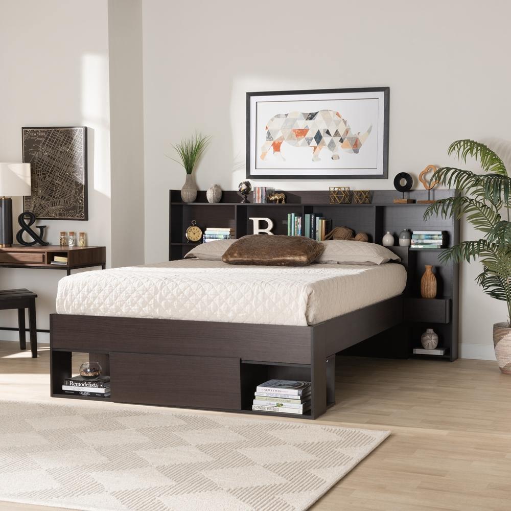 Dexton Modern and Contemporary Dark Brown Finished Wood Queen Size Platform Storage Bed FredCo