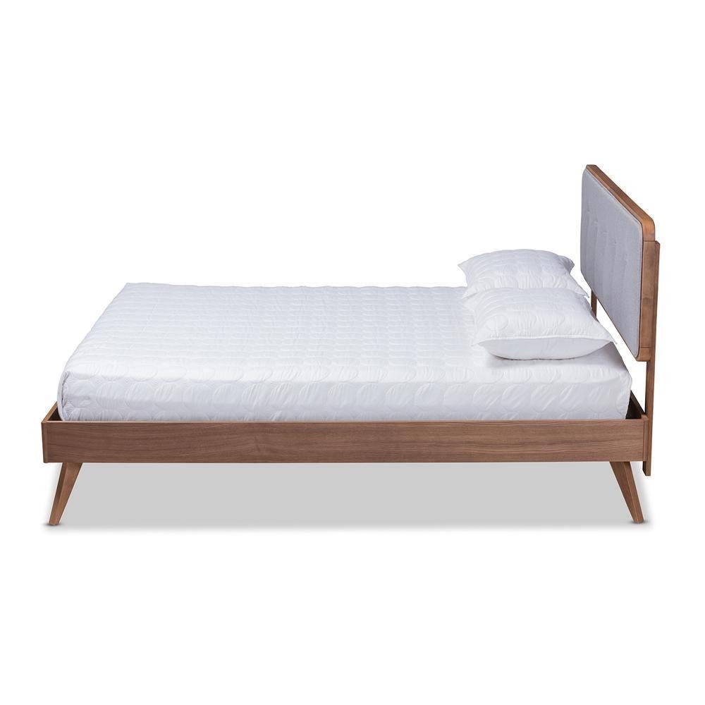Dilara Mid-Century Modern Light Grey Fabric Upholstered Walnut Brown Finished Wood Queen Size Platform Bed FredCo