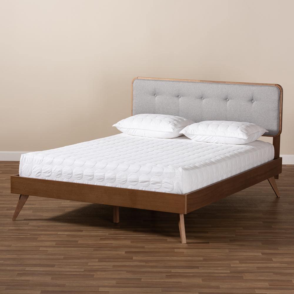 Dilara Mid-Century Modern Light Grey Fabric Upholstered Walnut Brown Finished Wood Queen Size Platform Bed FredCo