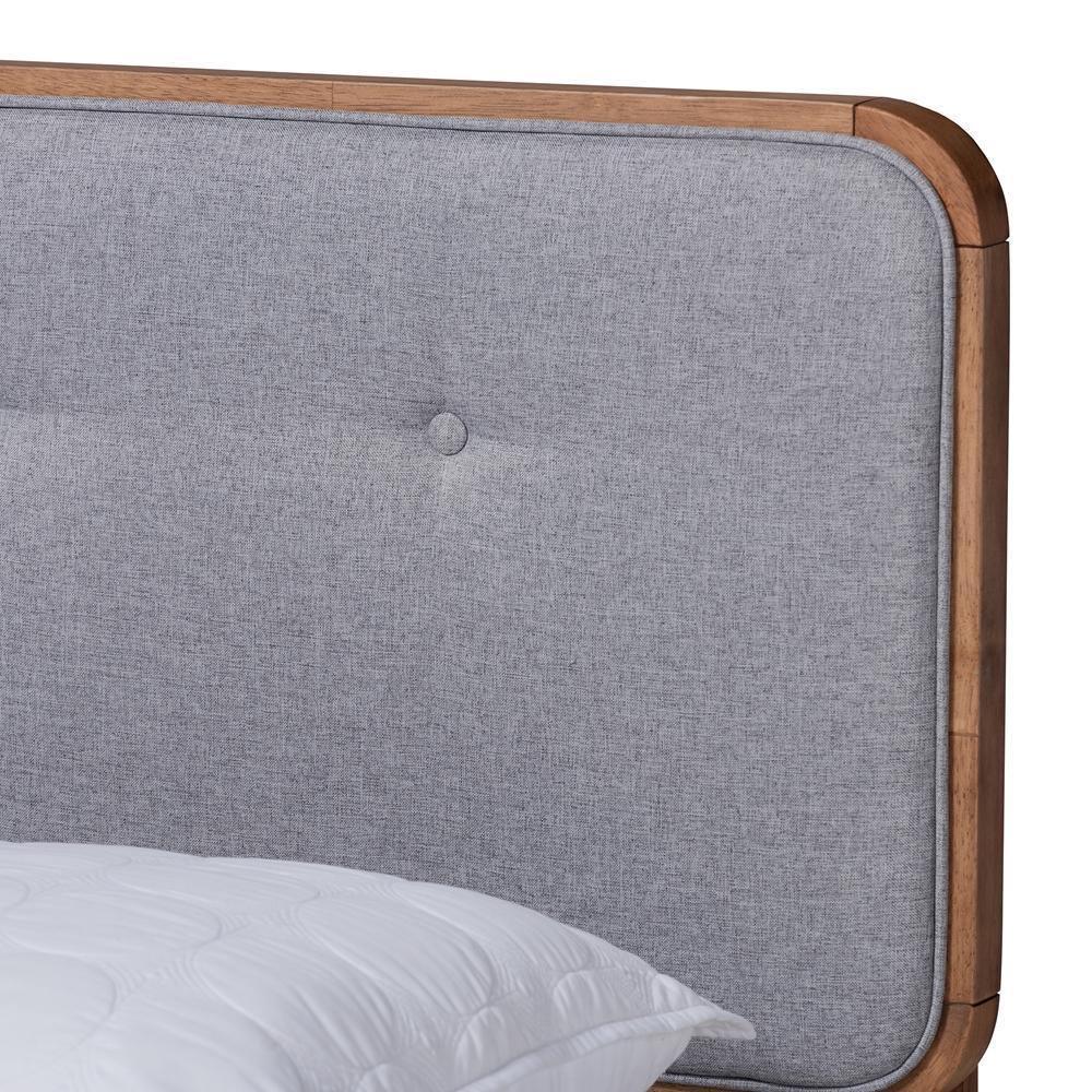 Dilara Mid-Century Modern Light Grey Fabric Upholstered Walnut Brown Finished Wood Queen Size Platform Bed FredCo