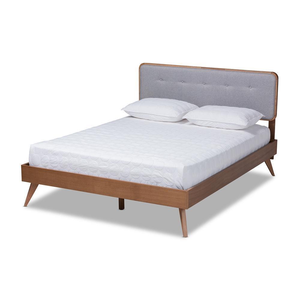 Dilara Mid-Century Modern Light Grey Fabric Upholstered Walnut Brown Finished Wood Queen Size Platform Bed FredCo