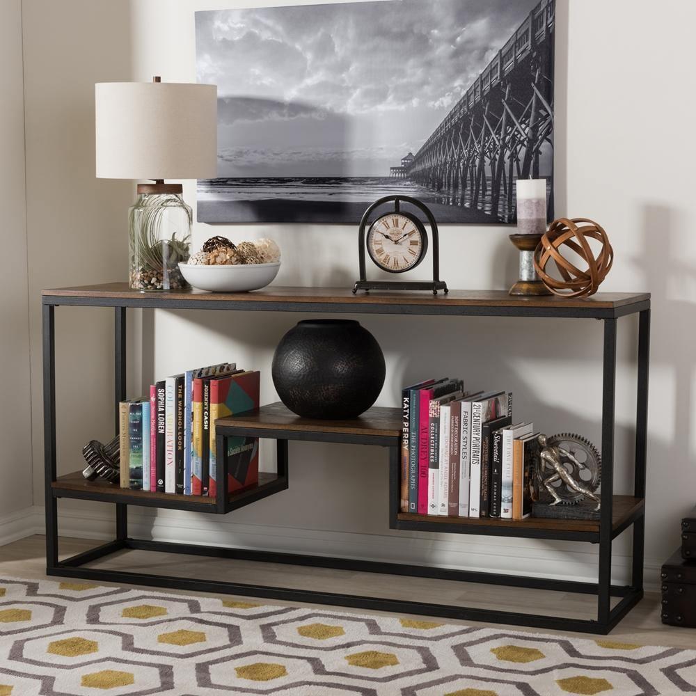Doreen Rustic Industrial Style Antique Black Textured Finished Metal Distressed Wood Console Table FredCo