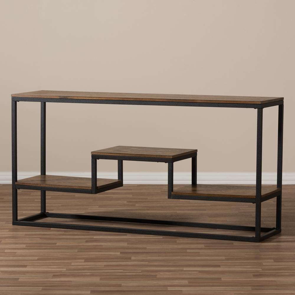 Doreen Rustic Industrial Style Antique Black Textured Finished Metal Distressed Wood Console Table FredCo