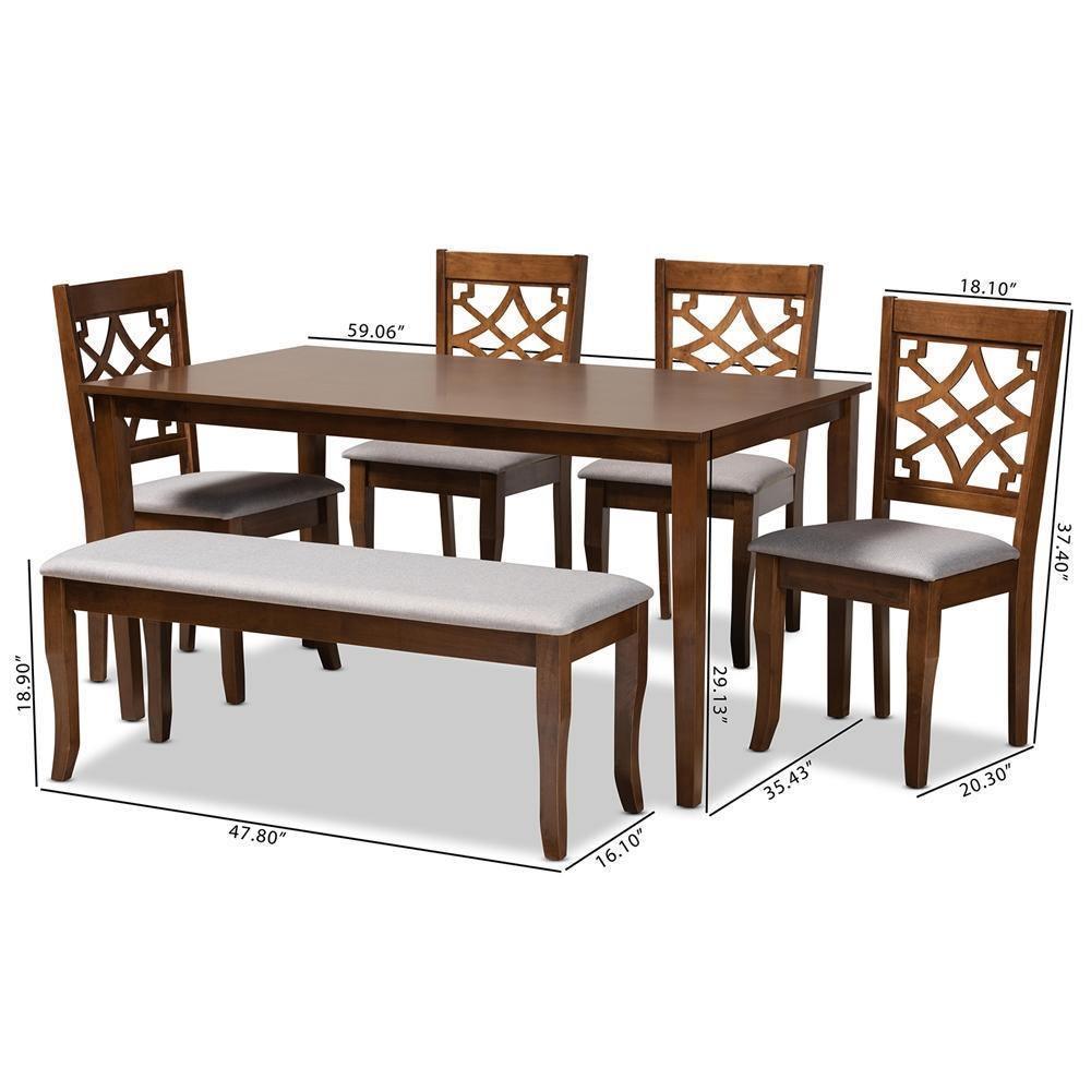 Dori Modern and Contemporary Grey Fabric Upholstered and Walnut Brown Finished Wood 6-Piece Dining Set FredCo