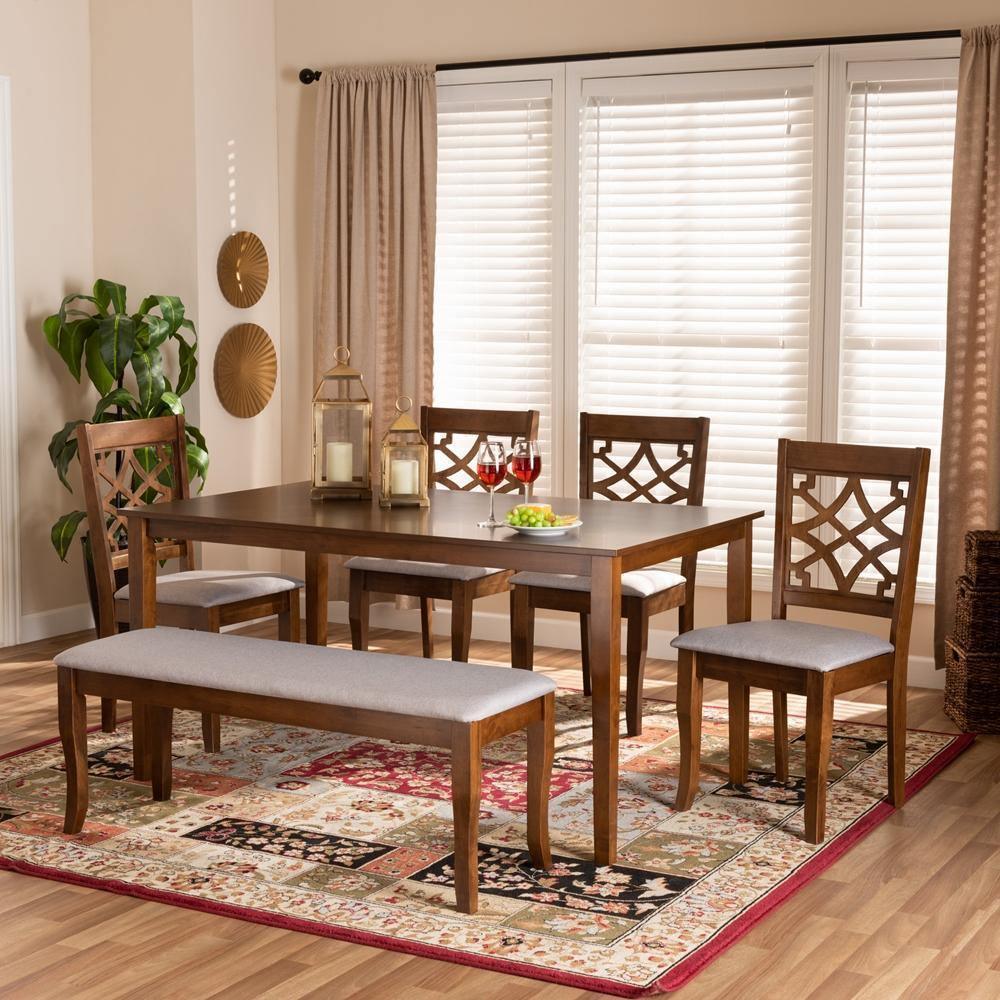 Dori Modern and Contemporary Grey Fabric Upholstered and Walnut Brown Finished Wood 6-Piece Dining Set FredCo