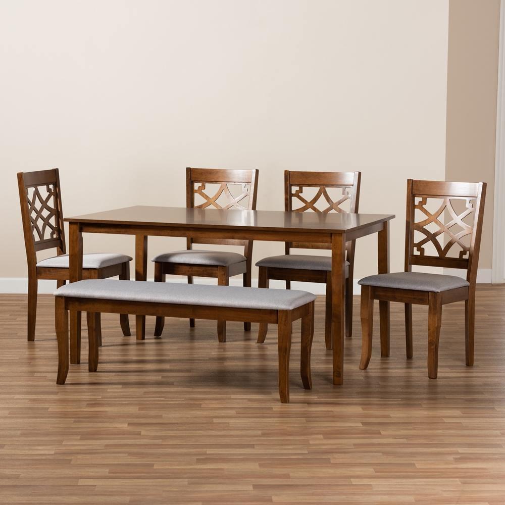 Dori Modern and Contemporary Grey Fabric Upholstered and Walnut Brown Finished Wood 6-Piece Dining Set FredCo