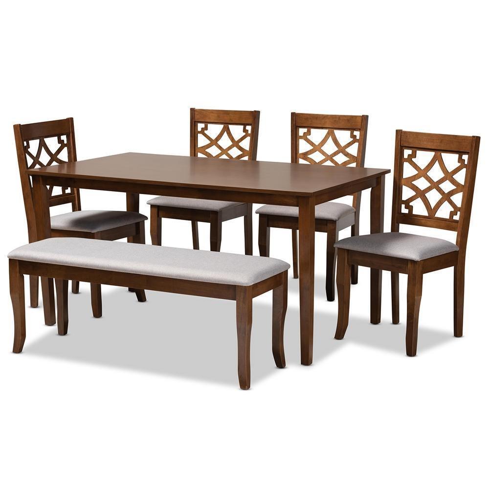 Dori Modern and Contemporary Grey Fabric Upholstered and Walnut Brown Finished Wood 6-Piece Dining Set FredCo