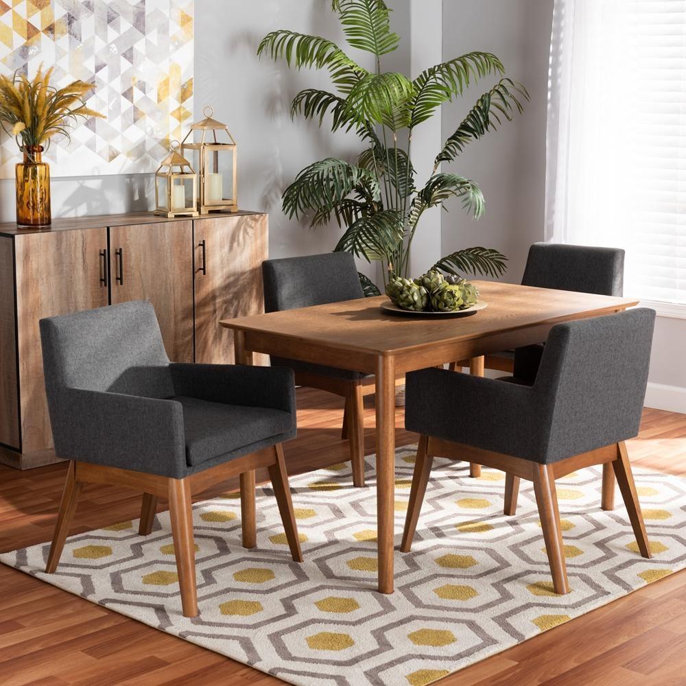 Dorina Mid-Century Modern Dark Grey Fabric Upholstered and Walnut Brown Finished Wood 5-Piece Dining Set FredCo