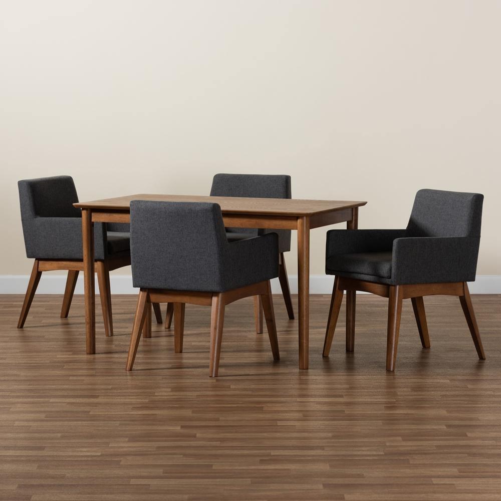 Dorina Mid-Century Modern Dark Grey Fabric Upholstered and Walnut Brown Finished Wood 5-Piece Dining Set FredCo