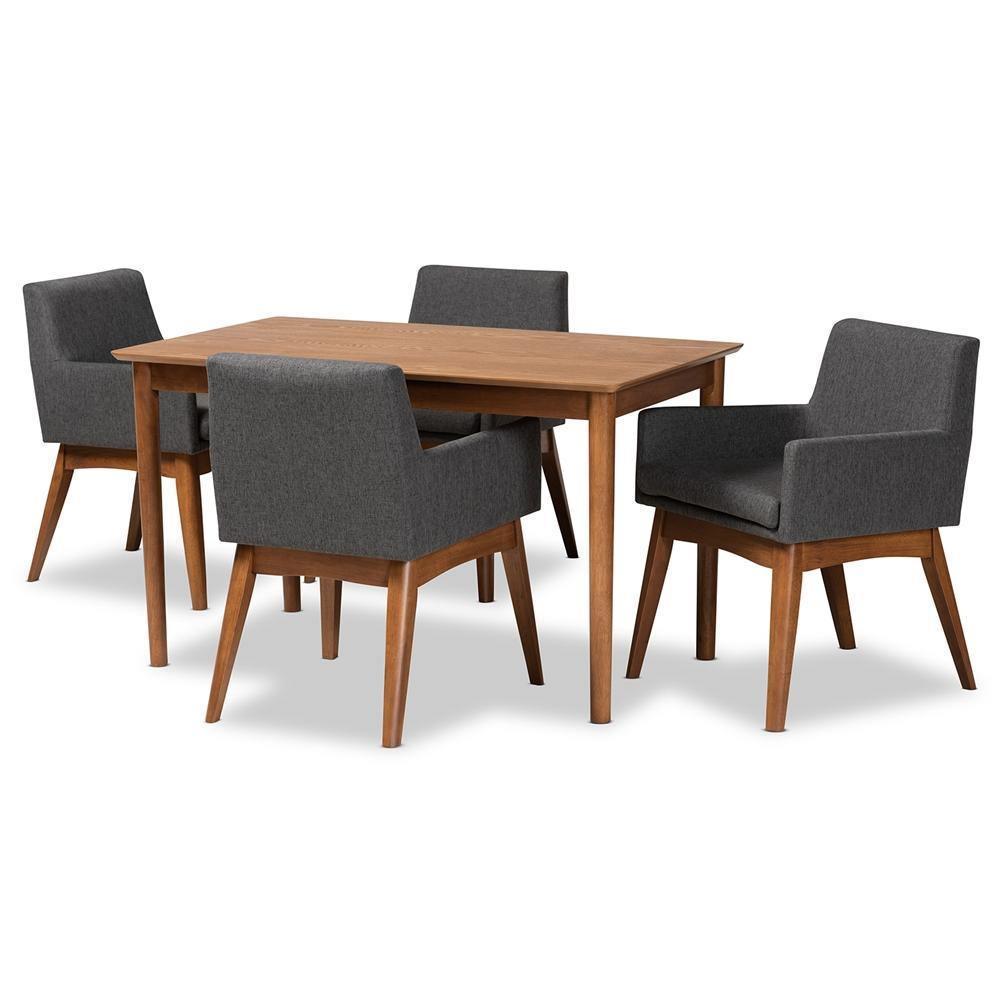 Dorina Mid-Century Modern Dark Grey Fabric Upholstered and Walnut Brown Finished Wood 5-Piece Dining Set FredCo