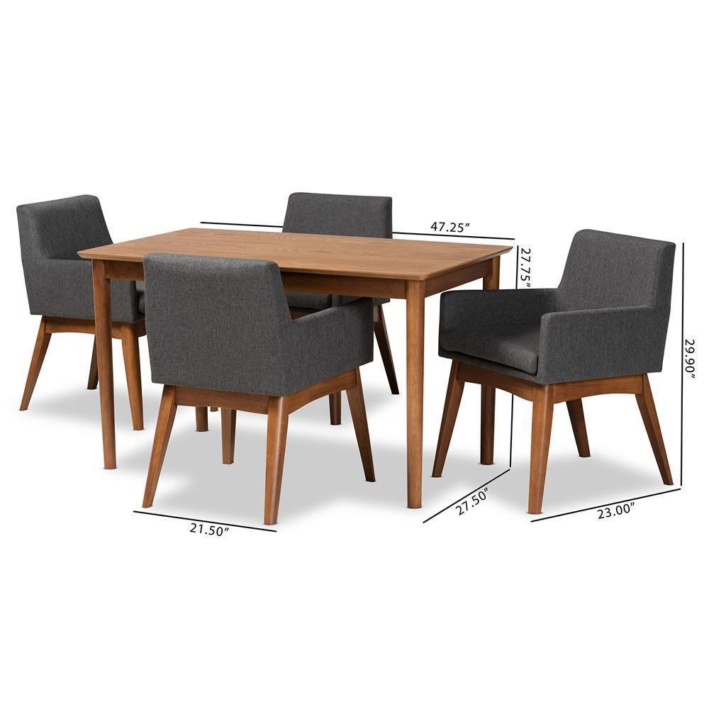 Dorina Mid-Century Modern Dark Grey Fabric Upholstered and Walnut Brown Finished Wood 5-Piece Dining Set FredCo