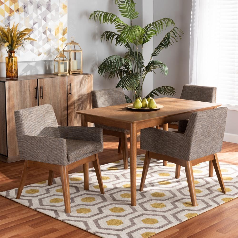 Dorina Mid-Century Modern Gravel Fabric Upholstered and Walnut Brown Finished Wood 5-Piece Dining Set FredCo