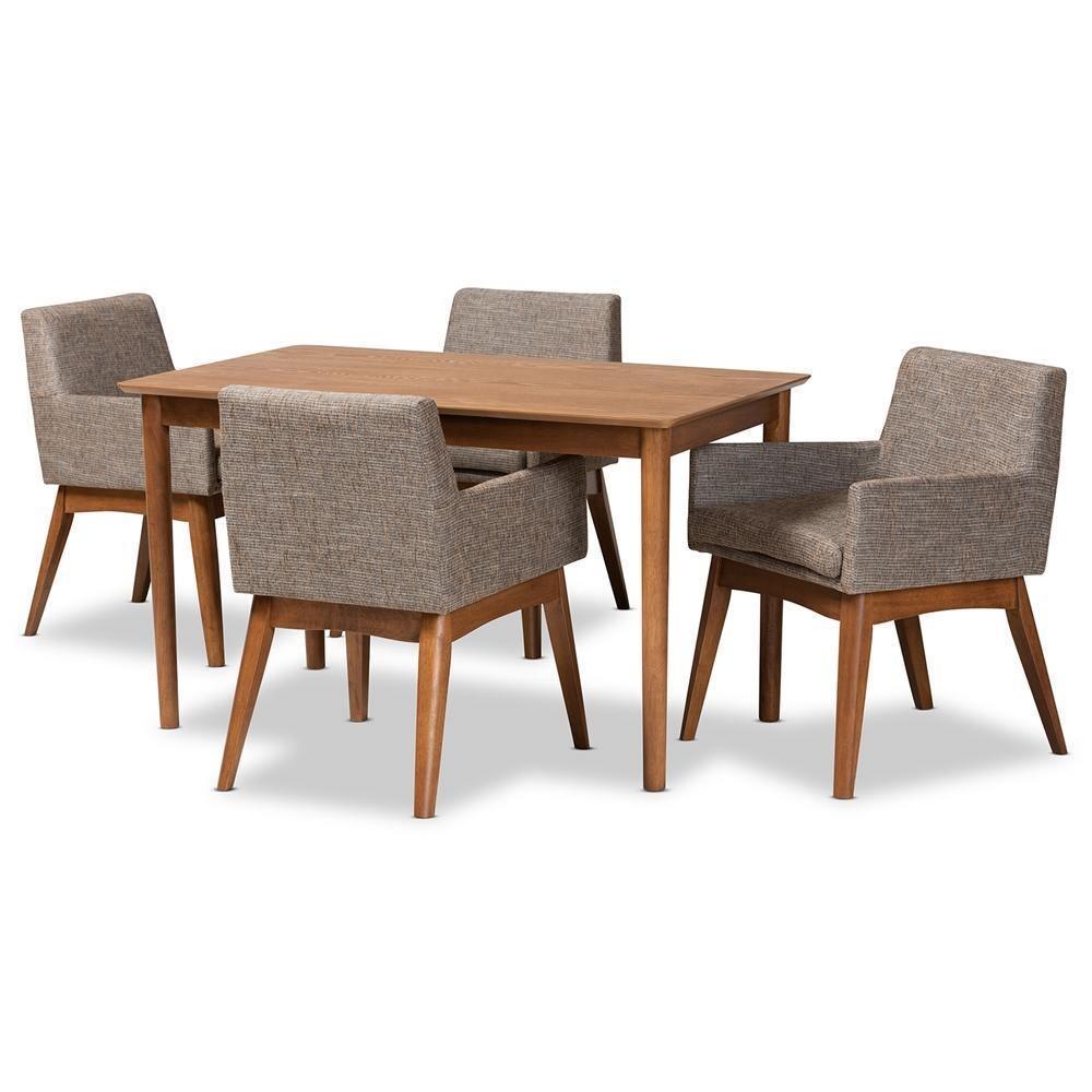 Dorina Mid-Century Modern Gravel Fabric Upholstered and Walnut Brown Finished Wood 5-Piece Dining Set FredCo
