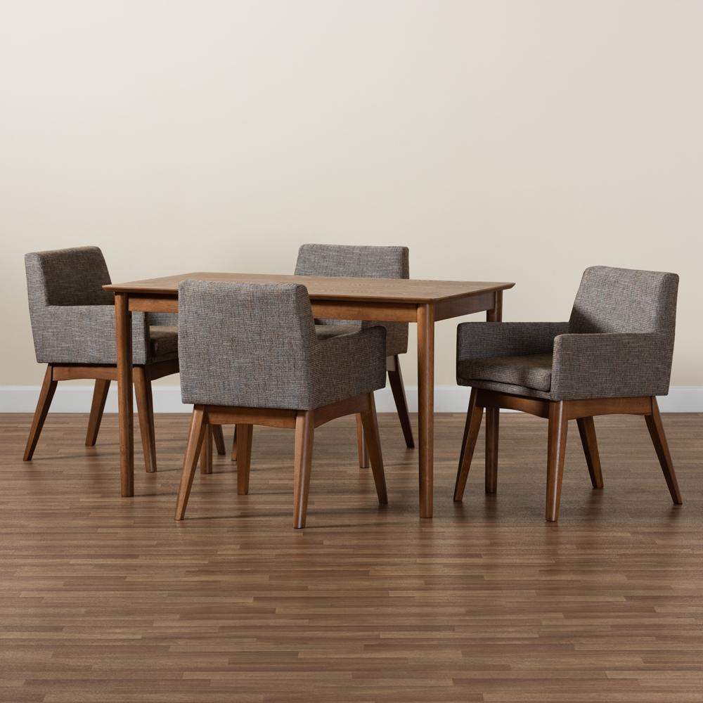 Dorina Mid-Century Modern Gravel Fabric Upholstered and Walnut Brown Finished Wood 5-Piece Dining Set FredCo