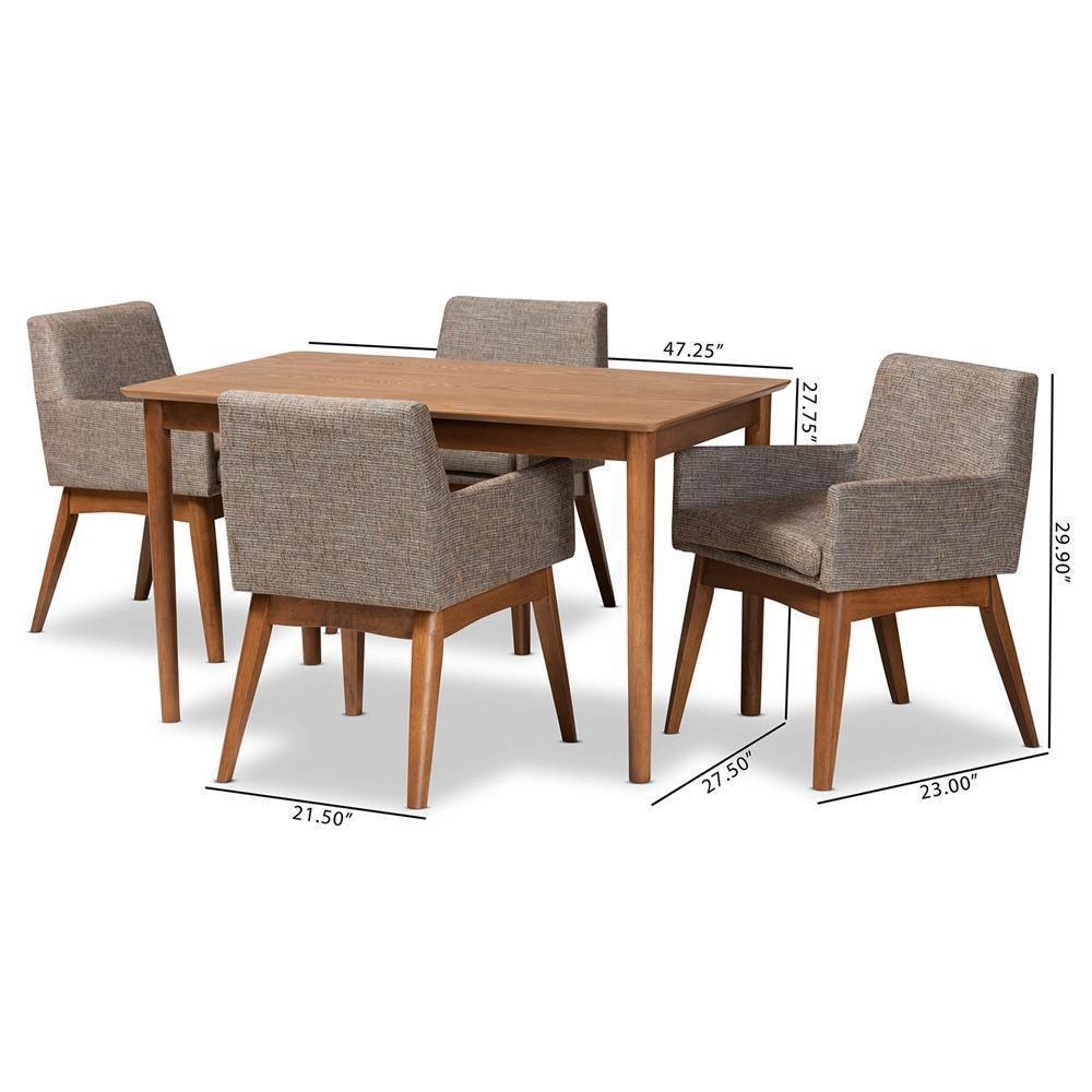 Dorina Mid-Century Modern Gravel Fabric Upholstered and Walnut Brown Finished Wood 5-Piece Dining Set FredCo